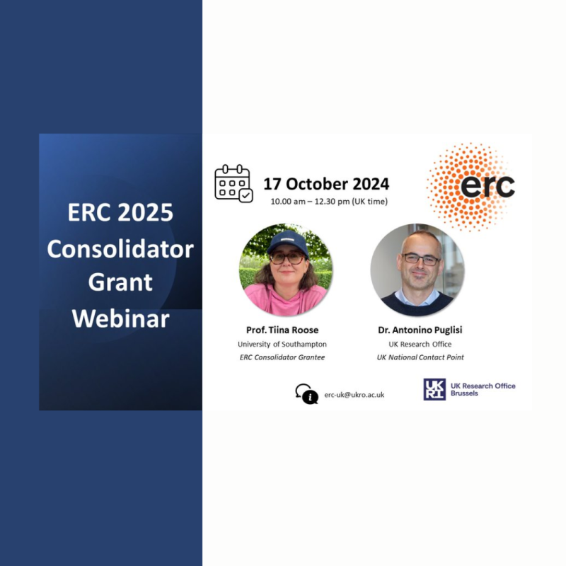 Cartel | Jornada informativa | ERC 2025 Consolidator Grant: sesión informativa | 17 octubre 2024 Aparece una imagen sobre un fondo que es a la derecha blanco y a la izquierda azul. En el aparecen los datos básicos de la jornada junto con una foto de los ponentes y el logo del ERC.