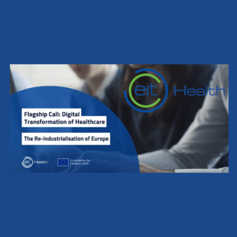 Cartel | Convocatoria | Flagship 2024: “Digital Transformation of Healthcare”| 5 noviembre 2024 Aparece una foto con fondo azul en el que aparece una foto de una serie de personas reunidas, sobre la foto se ve el nombre de la convocatoria