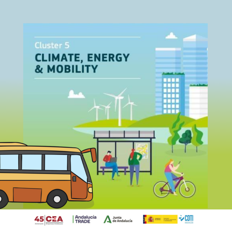 Cartel | Jornada informativa (Sevilla) | Horizonte Europa | Clúster 5: Energía | 18 noviembre 2024 Aparece el cartel del evento, en el que se aprecia en un primer plano gente esperando al autobús en la correspondiente parada. Al fondo se ven los edificios de una ciudad junto con una serie de molinos eléctricos. En el extremo inferior aparecen los logos de los organizadores de la jornada