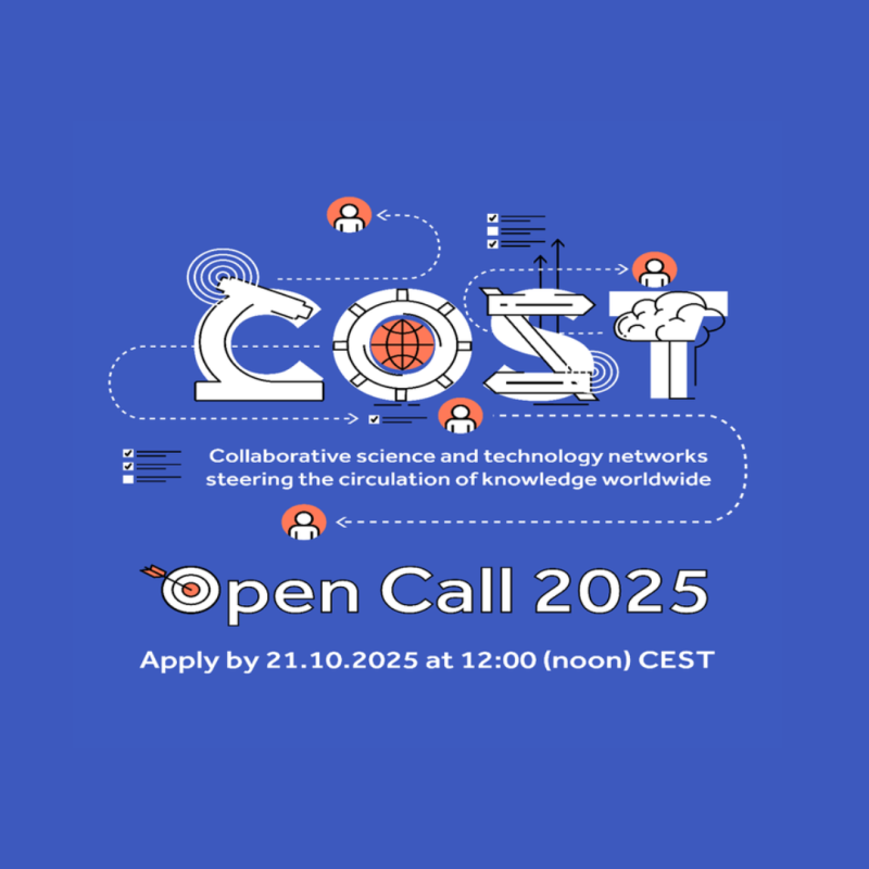 Cartel | Convocatoria Acciones COST 2025 | 21 octubre 2025 Aparece una imagen con el cartel oficial de apertura de convocatoria de las acciones COST. En el aparece el nombre de estas acciones y la feche de vencimiento de presentación de solicitudes sobre un fondo azul.