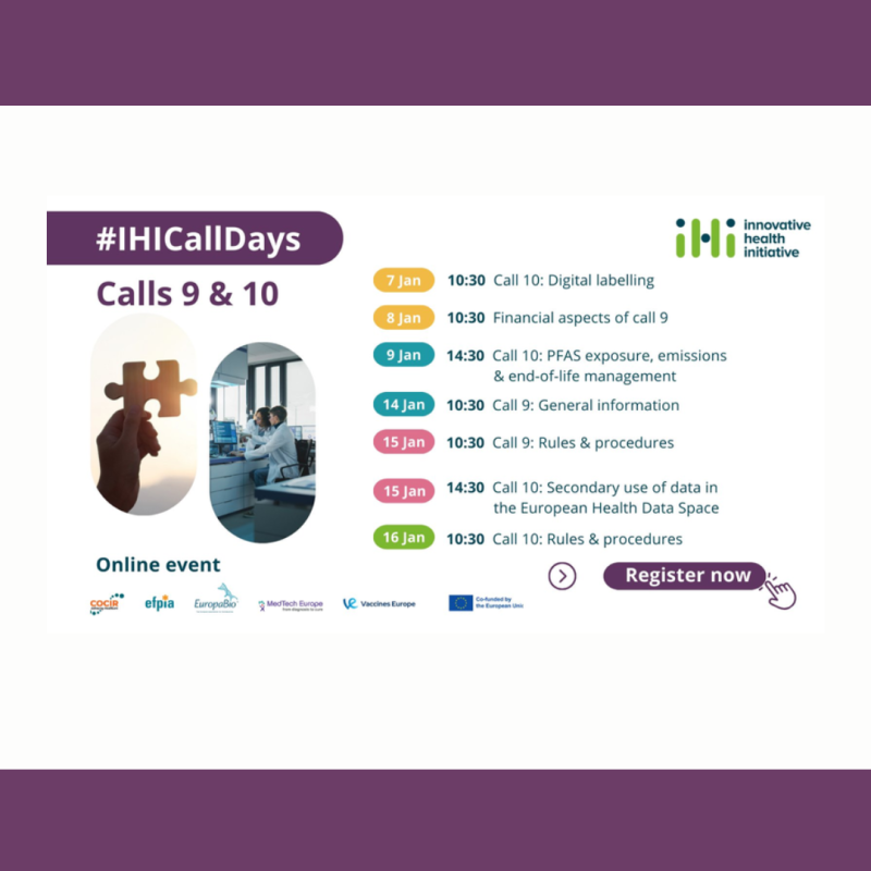 Cartel | Jornada informativas | “IHI Call Days” | Convocatorias 9 y 10 | 7 - 16 enero 2025 Aparece una imagen sobre un fondo blanco y morado en los bordes superior e inferior. En el centro de la imagen aparece un resumen de las jornadas que tendrán lugar en enero, el logo de la IHI y un par de fotos. Una se corresponde con la mano de una persona sujetando la pieza de un puzle y la otra un laboratorio en el que están trabajando 2 personas con bata.