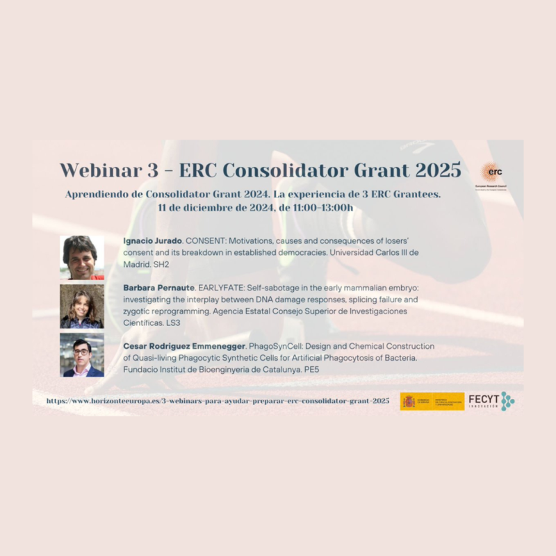 Cartel | Webinarios | Preparación ERC Consolidator Grant 2025 | 11 diciembre 2024 Aparece sobre un fondo gris rosado en el que se aprecia de forma difuminada la imagen de un corredor iniciando una carrera, los datos básicos del webinario junto con su agenda, la foto de los 3 ponentes y el logo del ERC, del FECYT y del Ministerio