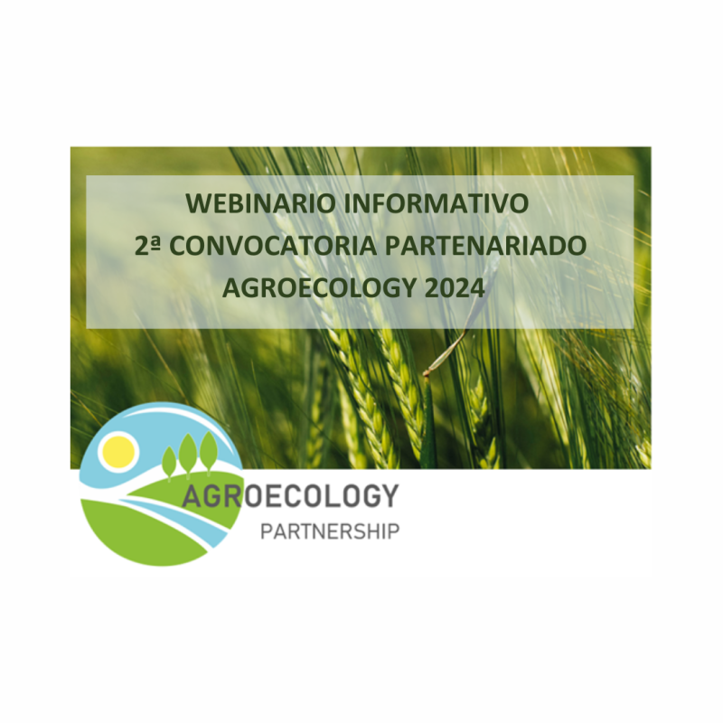 Cartel | Webinario | 2ª Convocatoria Partenariado Agroecology 2024 | 13 diciembre 2024 Aparece una imagen en la que se ve una foto de un campo de trigo verde, sobre el aparece escrito el nombre del webinario y el logo del partenariado