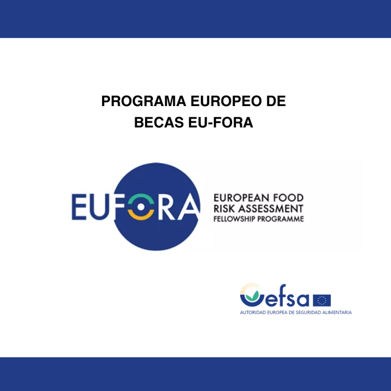 Cartel | Convocatoria | Programa Europeo de Becas EU-FORA - evaluación del riesgo alimentario | 20 marzo 2025 Aparece el cartel que promociona el Programa Europeo de Becas EU-FORA, enfocado en la evaluación del riesgo alimentario. Destaca un diseño con el logotipo del programa en el centro y el de la Autoridad Europea de Seguridad Alimentaria (EFSA) en la esquina inferior derecha. El fondo blanco con detalles en azul refuerza la temática institucional.