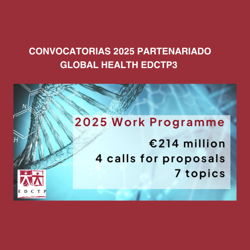 Cartel | Convocatoria 2025 Partenariado Global Health EDCTP3 | Marzo (fase 1); septiembre (fase 2). Se trata de una imagen sobre un fondo rojo. La imagen es azul y parece mostrar las hebras de una cadena de ADN. Escrito aparece la información básica de la convocatoria y el logo del partenariado.