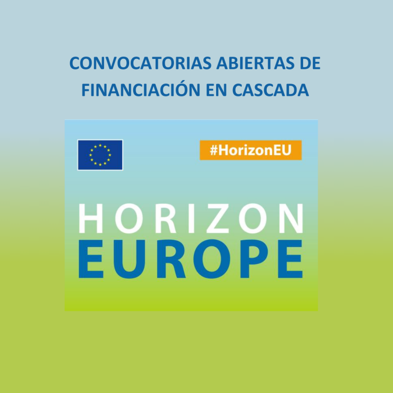 Cartel | Convocatorias | Financiación en Cascada Horizonte Europa Aparece una imagen sobre un fondo azul y verde en el que aparece el nombre de la convocatoria y una foto del logo de Horizonte Europa