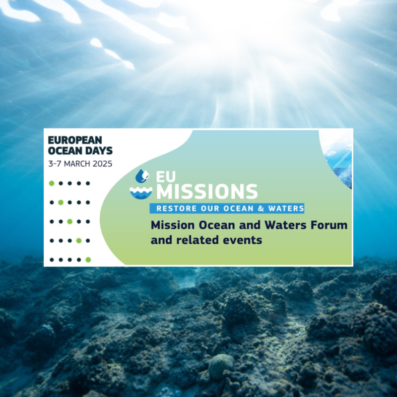 Cartel | Foro (Bruselas) | Misión Océanos y Aguas 2025 | 3 – 7 marzo 2025 La imagen anuncia el "Mission Ocean and Waters Forum", como parte de los European Ocean Days 2025, a realizarse del 3 al 7 de marzo de 2025. Está enmarcada dentro de las EU Missions, con el lema "Restore Our Ocean & Waters". Incluye un diseño azul y verde que evoca ecosistemas marinos, con un fondo submarino que refuerza la temática de conservación y restauración de océanos y aguas.