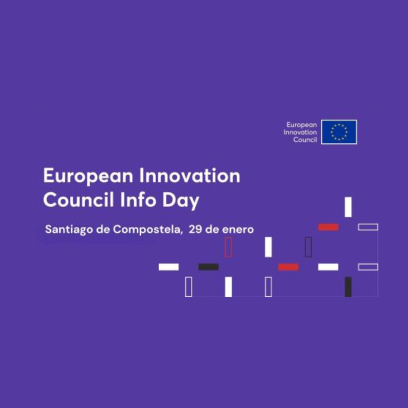 Cartel | Jornada informativa (Santiago de Compostela) | Convocatorias del EIC en 2025 | 29 enero 2025 Aparece una imagen que promociona el "European Innovation Council Info Day," que se celebrará en Santiago de Compostela el 29 de enero. El fondo púrpura, similar al diseño del Acelerador del EIC, incluye elementos gráficos minimalistas y el logotipo del Consejo Europeo de Innovación. El evento se centra en la difusión de información sobre convocatorias de 2025.