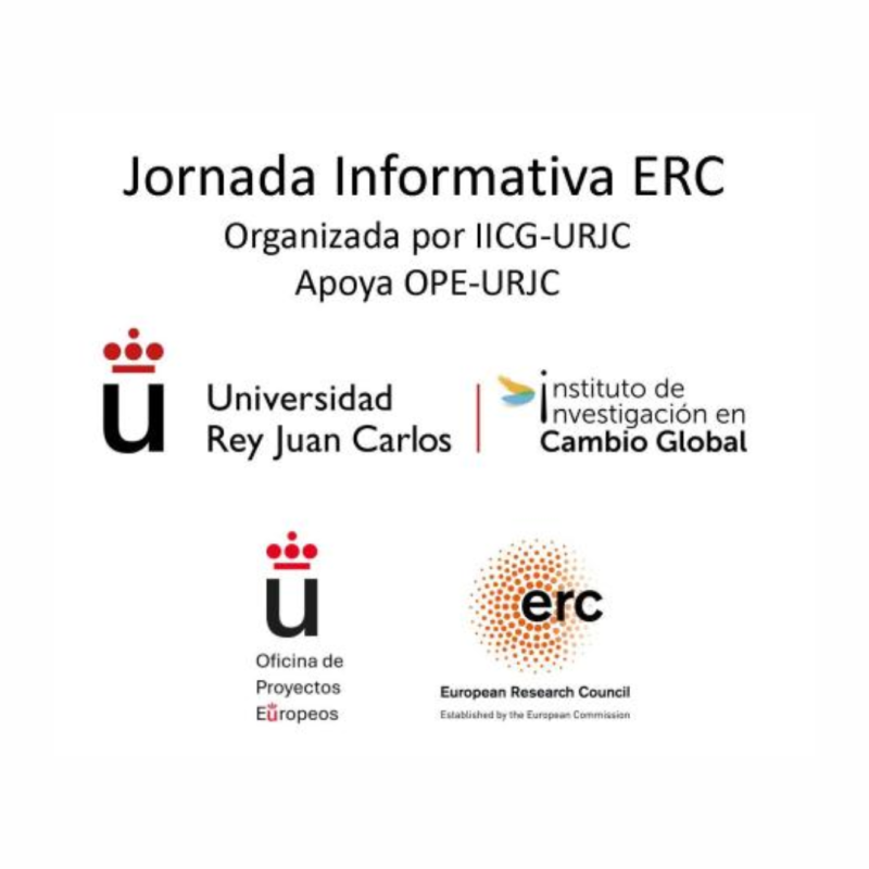 Cartel | Jornada informativa (Madrid) | Convocatorias Programa "European Research Council" (ERC) | 3 febrero Aparece una imagen que anuncia una Jornada Informativa del "European Research Council" (ERC) organizada por el Instituto de Investigación en Cambio Global (IICG-URJC) y apoyada por la Oficina de Proyectos Europeos (OPE-URJC). Aparecen los logotipos de la Universidad Rey Juan Carlos, el IICG y el ERC, con un diseño limpio y minimalista sobre un fondo blanco.