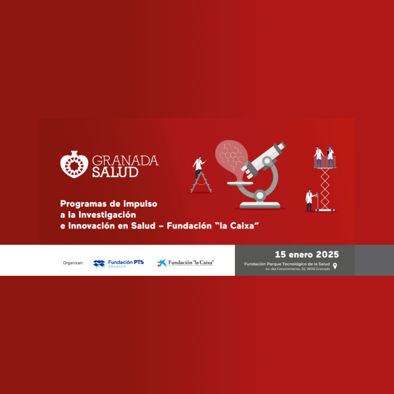 Cartel | Jornada (Granada) | Impulso a la Investigación e Innovación en Salud “La Caixa”| 15 enero 2025 Aperece una imagen con fondo en tonos rojos con ilustraciones de microscopios y laboratorios. Destaca la colaboración entre instituciones y la dirección del evento. Es un cartel llamativo y dinámico que enfoca la innovación en salud.