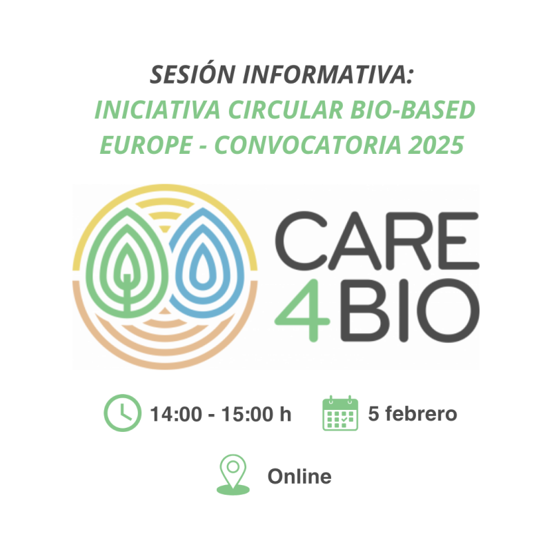 Cartel | Sesión informativa | Iniciativa Circular Bio-based Europe | Convocatoria 2025 | 5 febrero 2025 Aparece una imagen que promociona una sesión informativa titulada "Iniciativa Circular Bio-Based Europe - Convocatoria 2025", organizada bajo el lema "CARE4BIO". Contiene un logotipo con elementos circulares representando naturaleza, agua y sostenibilidad, junto con detalles del evento: 5 de febrero, 14:00 - 15:00 h, y formato online, con íconos verdes que destacan la información clave.
