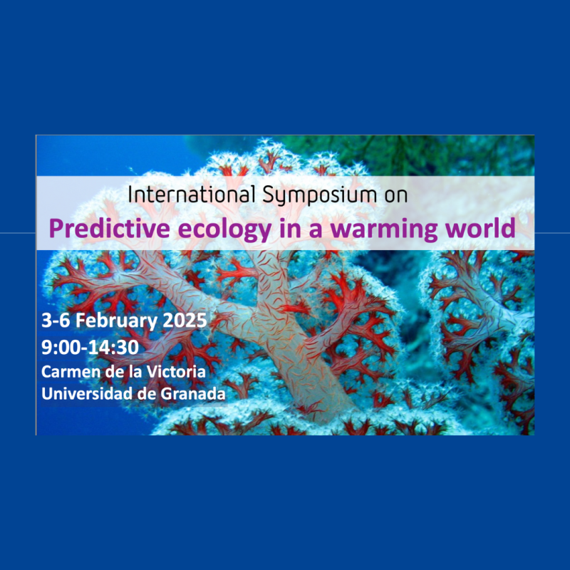 Cartel | Proyecto eWARM | Simposio de Ecología Internacional: "Predictive Ecology in a Warming World" Aparece un cartel con fondo azulado y los datos del eventos en varios colores con un coral de mar