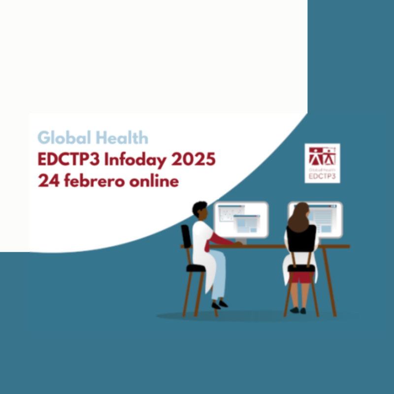 Cartel | Jornada informativa nacional | Convocatorias 2025 | Partenariado en Salud Global (EDCTP3) | 24 febrero 2025 Aparece una imagen que muestra un cartel promocional para el evento "EDCTP3 Infoday 2025" enfocado en salud global. El evento se llevará a cabo el 24 de febrero en formato online. La imagen incluye una ilustración de dos personas trabajando en computadoras, junto con el logotipo de EDCTP3 en la parte superior derecha.