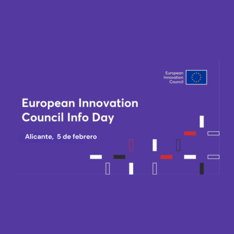 Cartel | Jornada informativa (Alicante) | Convocatoria EIC PATHFINDER 2025 | 5 febrero 2025 Aparece una imagen que promociona el European Innovation Council Info Day, un evento informativo que se celebrará en Alicante el 5 de febrero. El diseño tiene un fondo morado con elementos geométricos y el logotipo del European Innovation Council (EIC), lo que indica que el evento está relacionado con programas de financiación e innovación en la Unión Europea.