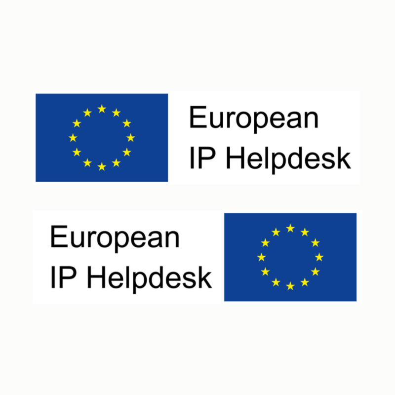 Aparece una imagen que muestra dos versiones del logotipo de European IP Helpdesk, ambas con la bandera de la Unión Europea y el texto en negro. En la primera versión, la bandera está a la izquierda del texto, mientras que en la segunda aparece a la derecha.