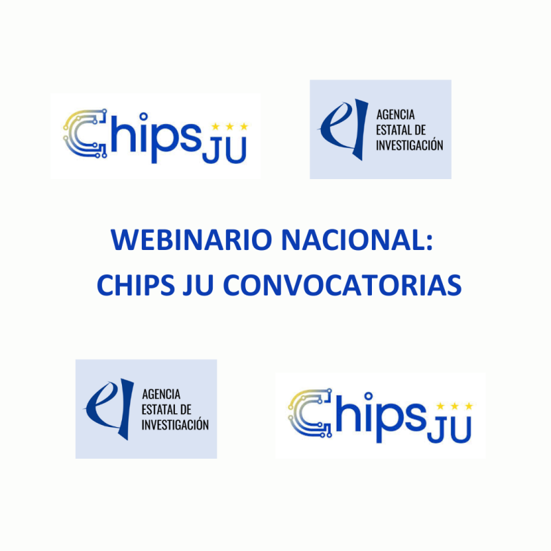 Cartel | Webinario nacional | CHIPS JU Chips Convocatorias | 25 febrero 2025 Aparece una imagen que promociona un Webinario Nacional sobre las convocatorias de CHIPS JU, con participación de la Agencia Estatal de Investigación. Se destacan los logotipos de ambas instituciones y el título en un diseño limpio y profesional.