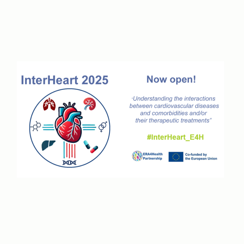 Cartel | Convocatoria | InterHeart 2025 - Partenariado europeo Era4Health | 7 marzo (pre-propuestas); 17 junio (propuesta completa) Aparece una imagen que promociona la convocatoria InterHeart 2025, centrada en la investigación sobre enfermedades cardiovasculares y comorbilidades. Incluye ilustraciones médicas de un corazón y otros órganos, junto con iconos de fármacos y ADN. Destaca el hashtag #InterHeart_E4H y menciona la cofinanciación de la Unión Europea a través del partenariado ERA4Health.