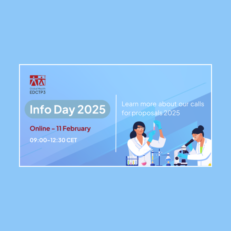 Cartel | Jornada | Convocatorias 2025 del Partenariado Salud Global - EDCTP3 | 11 febrero 2025 Aparece una imagen que promociona el Info Day 2025 del Partenariado de Salud Global - EDCTP3, un evento informativo sobre las convocatorias de propuestas para 2025. Se celebrará de forma online el 11 de febrero, de 09:00 a 12:30 CET. El diseño incluye ilustraciones de científicas en un laboratorio, lo que indica el enfoque en investigación y salud global.