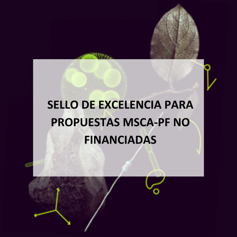 Cartel | Sello de Excelencia UE | Propuestas MSCA-PF no financiadas: oportunidades de financiación Aparece el cartel destaca el Sello de Excelencia para propuestas MSCA-PF que no han sido financiadas. Este reconocimiento puede brindar oportunidades alternativas de financiamiento u otras ventajas para los investigadores. El diseño combina imágenes científicas con elementos gráficos en tonos oscuros y fluorescentes, resaltando la innovación y la investigación.