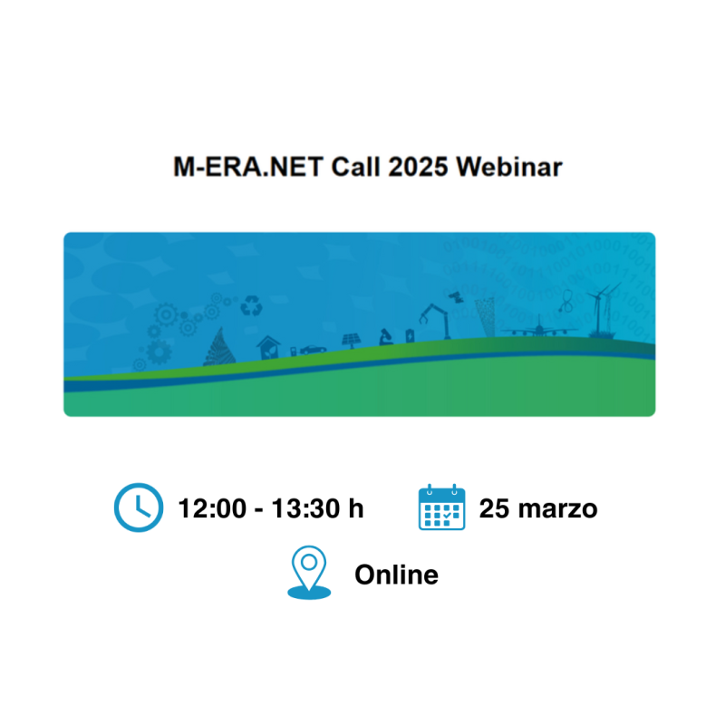 Aparece una imagen que promociona un webinar sobre la convocatoria M-ERA.NET 2025. El evento se realizará el 25 de marzo en modalidad online, con un horario de 12:00 a 13:30 h. La imagen incluye un diseño azul y verde con iconos relacionados con la tecnología y la sostenibilidad.
