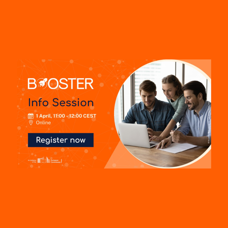 Aparece una imagen que anuncia una sesión informativa sobre el programa "Horizon Results Booster". Tiene un fondo naranja con elementos gráficos de conexión y un círculo con una foto de tres personas trabajando en un portal. Se incluyen detalles del evento, como la fecha, hora y un botón para registrarse.