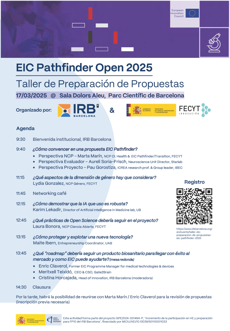 Cartel | Taller de Preparación de Propuestas EIC Pathfinder 2025 | 17 marzo 2025 Aparece una imagen que detalla la agenda del evento, que incluye charlas sobre propuestas EIC Pathfinder, inteligencia artificial, Open Science y estrategias de innovación, además de una mesa redonda y una sesión de networking.