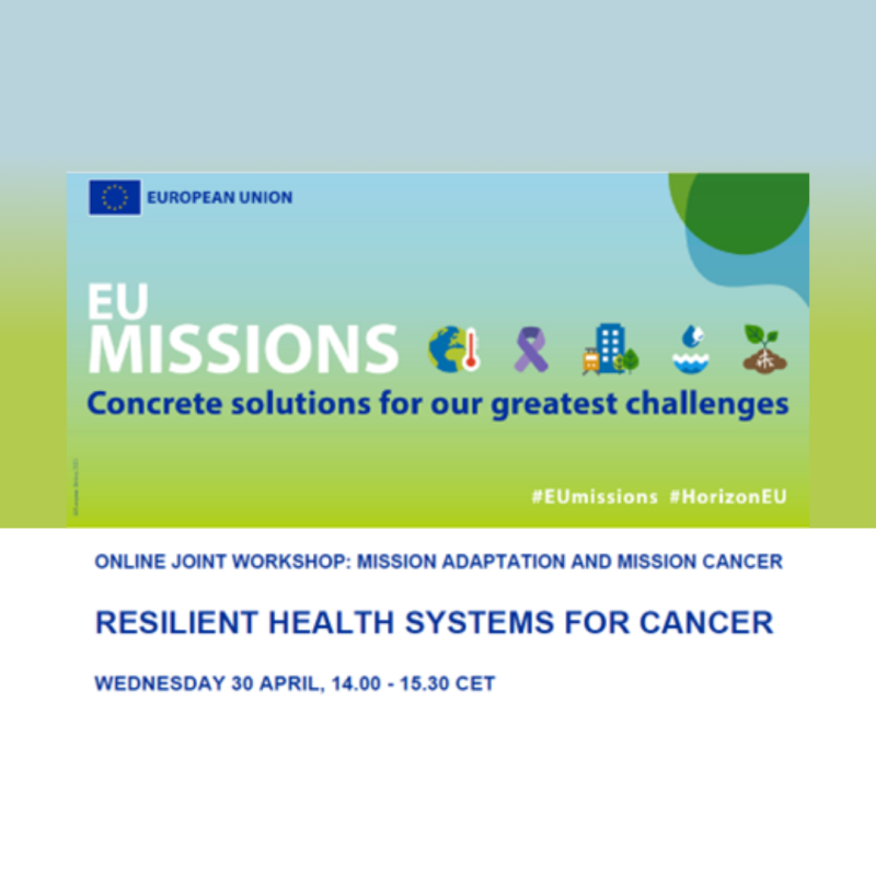 Cartel | Seminario web | Misión Adaptación al Cambio Climático y Misión Cáncer | 30 abril 2025 Se trata de una imagen sobre un fondo azul y verde en el que aparece la información básica del evento junto con una serie de ilustrativas representativas de cada una de la misiones UE.