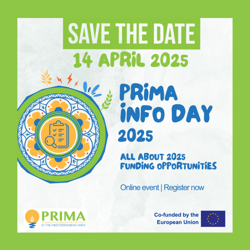 Cartel | Jornada informativa | Convocatoria PRIMA 2025 | 14 abril 2025 Aparece una imagen en la que se da difusión al evento. Junto con los datos básicos de la sesión escritos en color azul y verde aparece el logo de PRIMA y una imagen con diferentes formas geométricas.