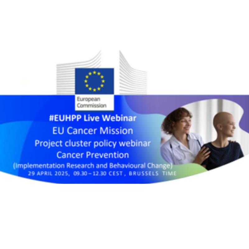 Cartel | Seminario web | Misión cáncer | Proyectos sobre prevención | 29 abril 2025 Aparece una imagen que anuncia un seminario web en vivo de la Comisión Europea titulado "EU Cancer Mission". El evento trata sobre prevención del cáncer mediante investigación de implementación y cambio de comportamiento, y se realizará el 29 de abril de 2025. A la derecha, se ve a una doctora sonriendo y acompañando con afecto a una paciente oncológica.