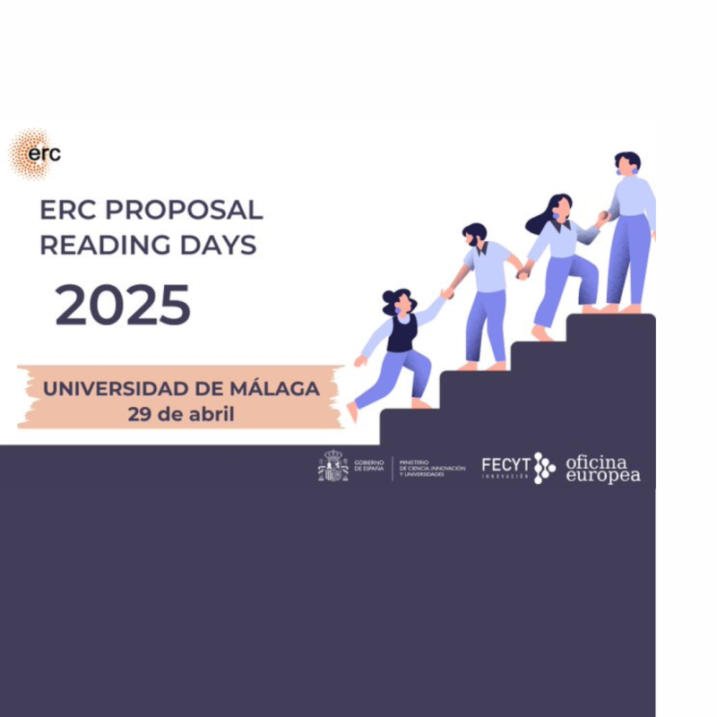 Cartel | ERC Proposal Reading Days 2025 | Málaga | 29 abril 2025 Aparece una imagen que promociona el evento "ERC Proposal Reading Days 2025", organizado por el Gobierno de España, el Ministerio de Ciencia, Innovación y Universidades, y FECYT Innovación. Se observa una ilustración de cuatro personas subiendo escalones mientras se ayudan unas a otras, representando cooperación y progreso. El diseño utiliza tonos morados y blancos con un estilo moderno y minimalista.