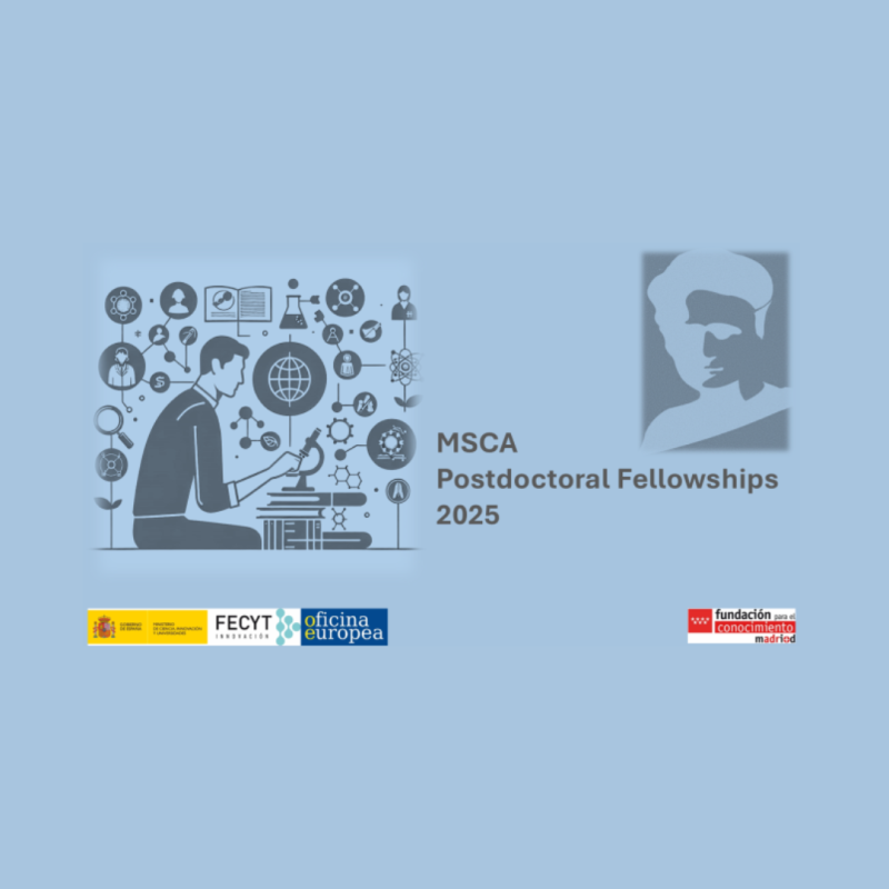 Cartel | Webinario nacional | MSCA PF 2025 | Aspectos generales | 15 abril 2025 Aparece una imagen que anuncia una sesión informativa sobre las MSCA Postdoctoral Fellowships 2025. A la izquierda, se muestra un investigador utilizando un microscopio, rodeado de iconos científicos que representan distintas áreas del conocimiento. A la derecha, destacan los logotipos institucionales y un retrato estilizado de Marie Skłodowska-Curie.