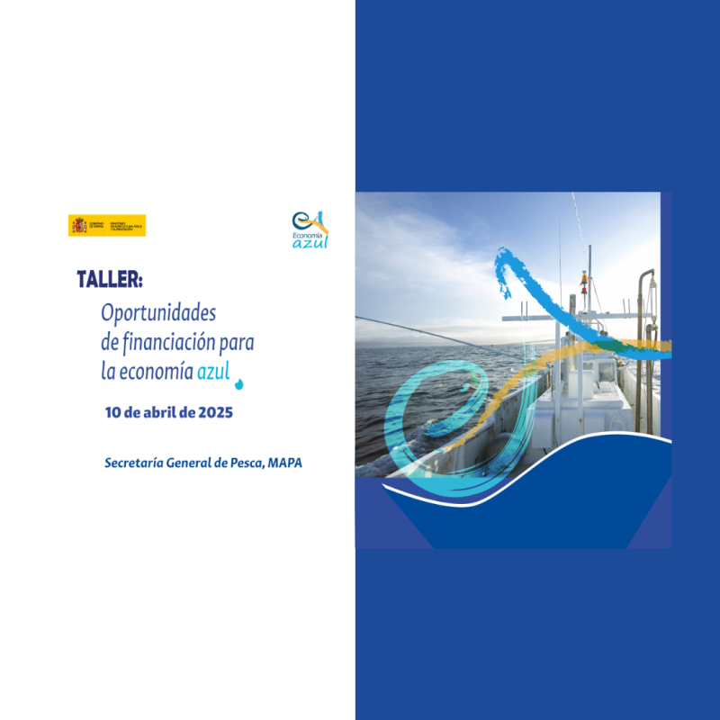 Cartel | Taller (Madrid) | Oportunidades de financiación – Economía azul | 10 abril 2025 Aparece una imagen que muestra un barco en alta mar, acompañado de gráficos en espiral en tonos azul y amarillo que simbolizan el concepto de economía azul. A la izquierda, sobre fondo blanco, se presenta el título del taller "Oportunidades de financiación para la economía azul". En la parte superior figuran los logotipos del Ministerio de Agricultura, Pesca y Alimentación y del programa Economía Azul.