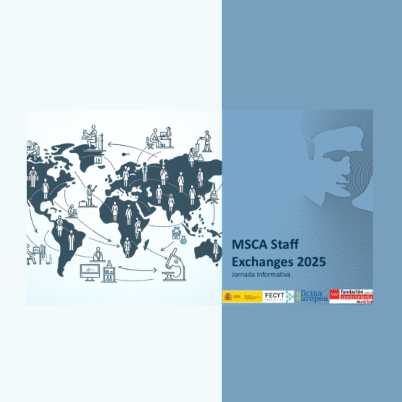 Aparece una imagen que anuncia un webinario informativo sobre MSCA Staff Exchanges 2025. En la parte izquierda, se muestra un mapa del mundo con iconos de personas, laboratorios y conexiones que representan la colaboración internacional en investigación. A la derecha, se incluyen logotipos institucionales y una imagen estilizada de Marie Skłodowska-Curie.