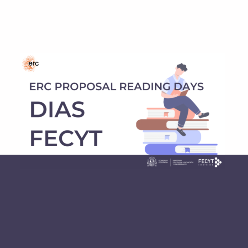 Cartel | Días FECYT 2025 | Lectura propuestas ERC Aparece una imagen que promociona el evento "ERC Proposal Reading Days - Días FECYT", organizado por el Gobierno de España, el Ministerio de Ciencia, Innovación y Universidades, y FECYT Innovación. Se observa una ilustración de un joven sentado sobre una pila de libros, leyendo atentamente. El diseño utiliza tonos morados y blancos, con un estilo moderno y educativo.