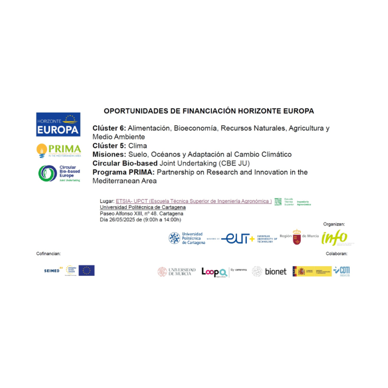Cartel | Jornada informativa (Murcia) | Oportunidades financiación Horizonte Europa | 26 mayo 2025 Aparece una imagen que anuncia una jornada informativa sobre oportunidades de financiación en Horizonte Europa. Se mencionan los Clústeres 5 y 6, diversas misiones y programas como PRIMA y CBE JU. El evento se celebrará en la Universidad Politécnica de Cartagena el 26 de mayo de 2025.