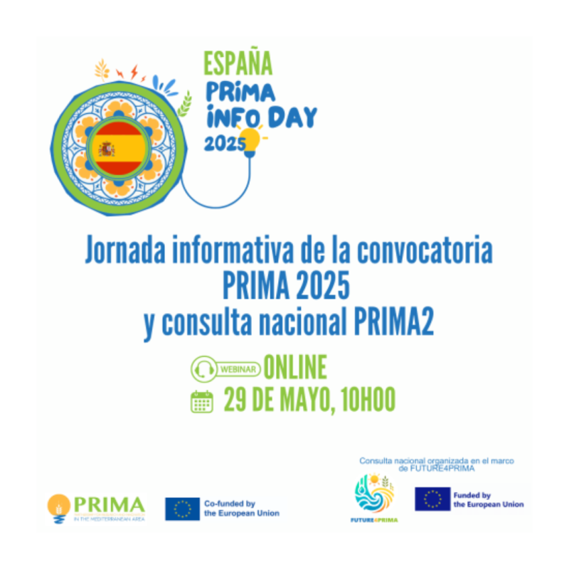 Cartel | Jornada informativa | Convocatoria PRIMA 2025 | 29 mayo 2025 Aparece una imagen con colores vivos y textos grandes que anuncian un evento informativo llamado "PRIMA Info Day 2025" en España. Se informa que la jornada será online, el 29 de mayo a las 10:00 de la mañana, y está relacionada con la convocatoria PRIMA 2025 y la consulta nacional PRIMA2.