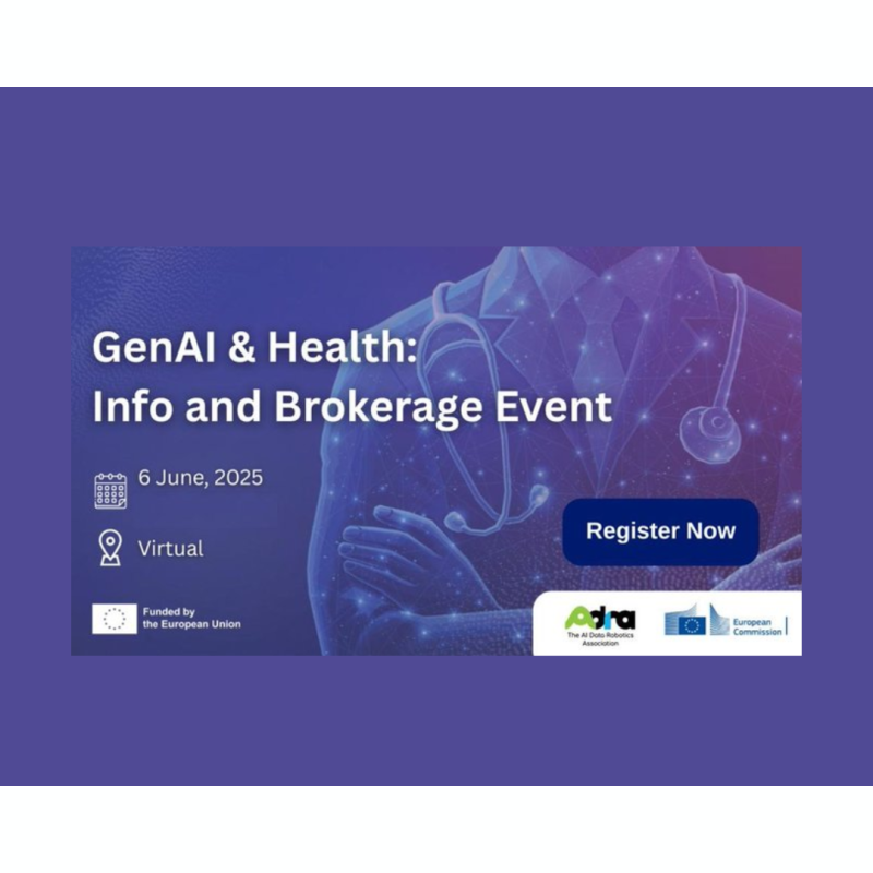 Cartel | Evento informativo & búsqueda de socios | “GenAI & Health” | 6 junio 2025 Se trata de una imagen sobre un fondo morado en la que se aprecia una imagen de un profesional de la salud con bata. Sobre este dibujo aparece escrito el título de la jornada informativa.