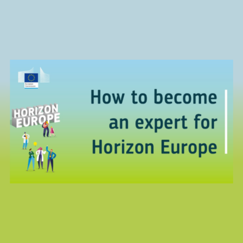 Cartel | Jornada informativa |"Cómo convertirse en experto para Horizonte Europa" | 19 junio 2025 Aparece una imagen promocional de la Comisión Europea con el título “How to become an expert for Horizon Europe”. En el lado izquierdo se ve el logo de Horizon Europe junto a ilustraciones de personas en diferentes roles profesionales. El fondo tiene un degradado de azul a verde, evocando un entorno moderno y accesible.