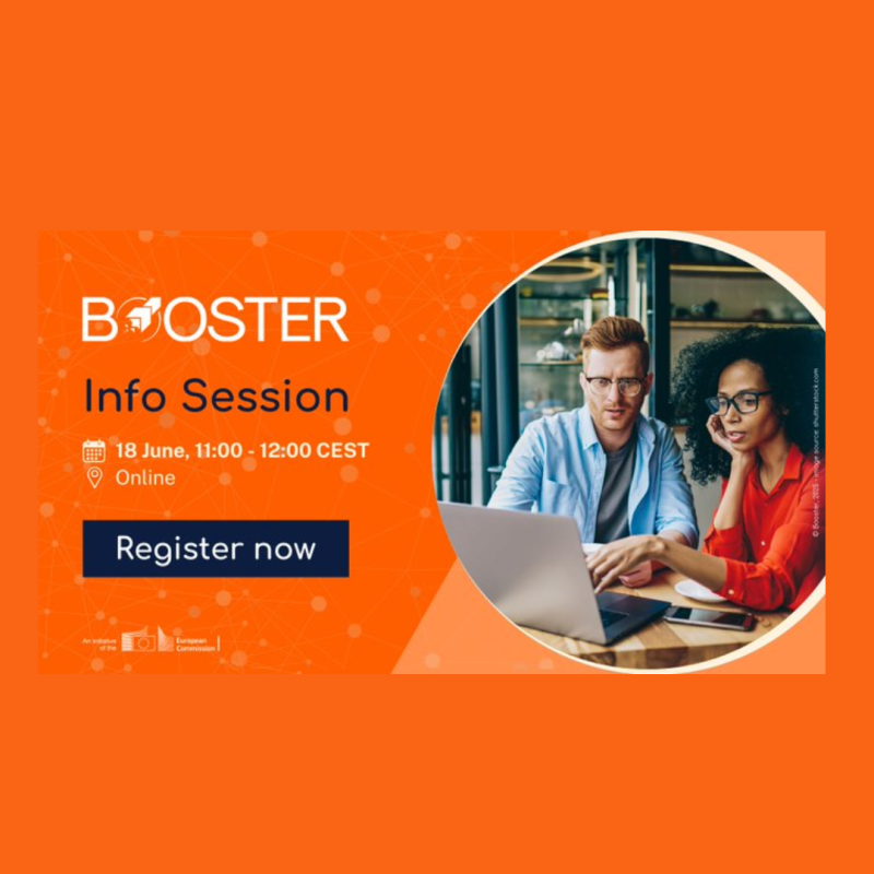 Cartel | Jornada informativa | Servicios gratuitos plataforma “Horizon Results Booster” | 18 junio 2025 Aparece una imagen sobre un fondo naranja en la que se muestra a dos personas consultando un ordenador. Junto a esta imagen aparece anunciada la jornada informativa.