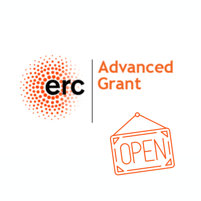 Aparece una imagen que anuncia la apertura de la convocatoria ERC Advanced Grant. En el lado izquierdo se encuentra el logotipo del Consejo Europeo de Investigación (ERC) con un diseño de puntos naranjas. A la derecha, el texto “Advanced Grant” y un cartel colgante con la palabra “OPEN” indican que la convocatoria está actualmente disponible.
