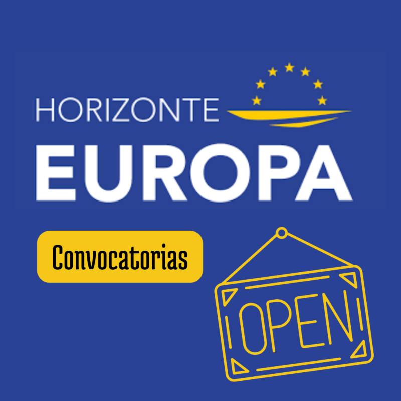 Cartel | Convocatorias abiertas | Horizonte Europa Aparece una imagen con fondo azul que anuncia convocatorias abiertas del programa Horizonte Europa. En el centro, el texto "HORIZONTE EUROPA" está acompañado del logotipo de la Unión Europea con estrellas amarillas. En la parte inferior derecha, un cartel amarillo con la palabra "OPEN" refuerza visualmente el mensaje de que las convocatorias están disponibles.