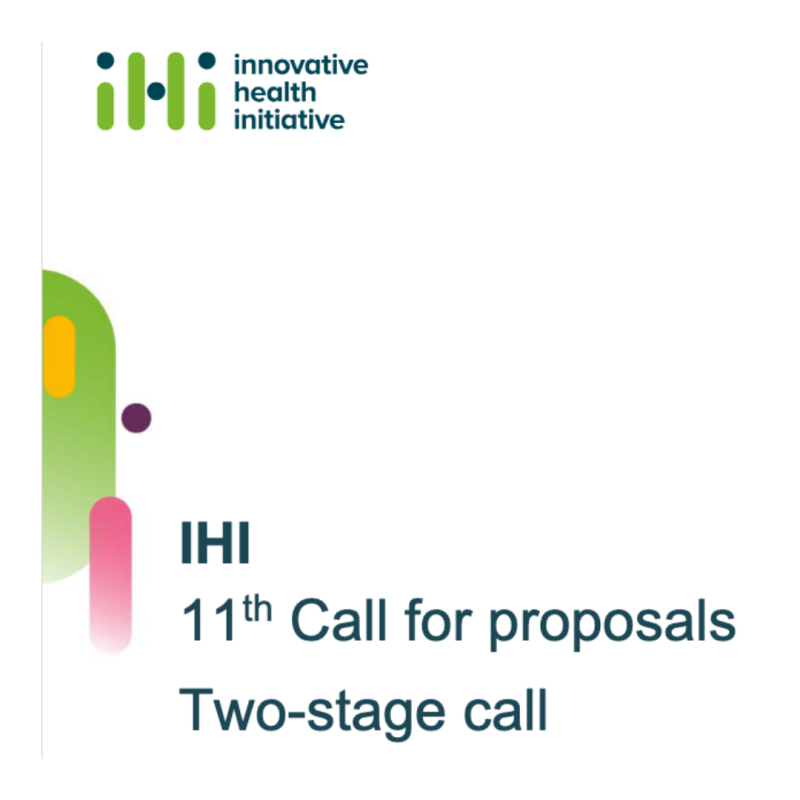 Cartel | Convocatoria 11 | Iniciativa de Salud Innovadora (IHI) Aparece una imagen que anuncia la 11ª convocatoria de propuestas de la Iniciativa de Salud Innovadora (IHI). Se trata de una convocatoria en dos fases. El diseño es minimalista, con elementos gráficos coloridos y el logotipo de IHI en la parte superior.