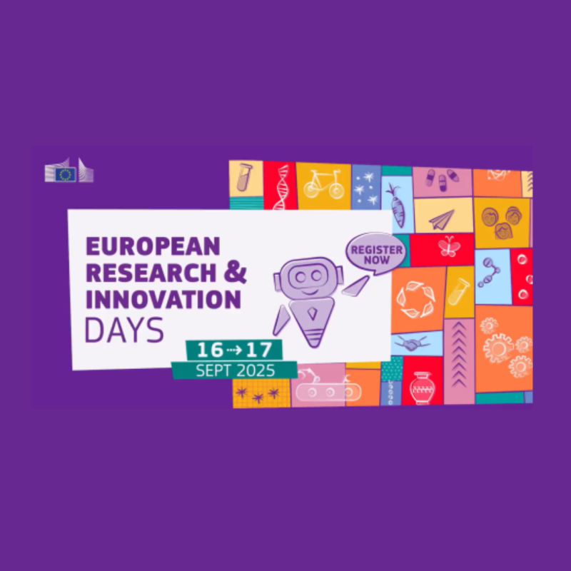 Cartel | Evento | European Research and Innovation Days 2025 | 16 & 17 septiembre 2025 Aparece una imagen que promociona los European Research & Innovation Days. Un robot ilustrado señala un botón que dice "Register Now", rodeado de íconos científicos y tecnológicos coloridos. El evento se celebrará los días 16 y 17 de septiembre de 2025.