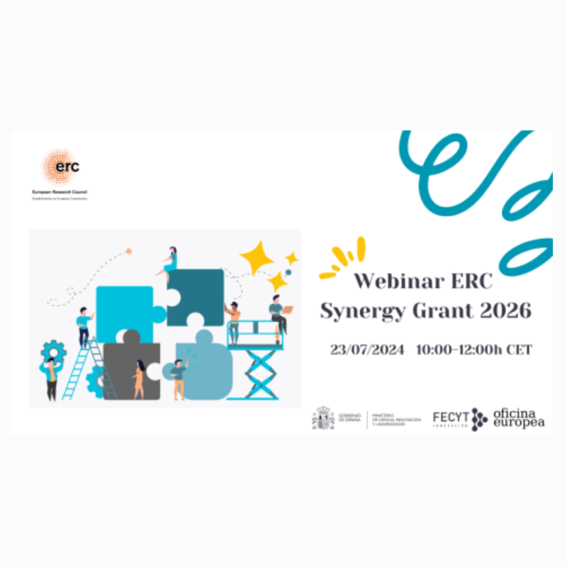 Aparece una imagen que anuncia el Webinar ERC Synergy Grant 2026. Varias personas ensamblan piezas de rompecabezas en tonos azules, simbolizando trabajo en equipo. El evento está programado para el 23 de julio de 2024, de 10:00 a 12:00h CET.