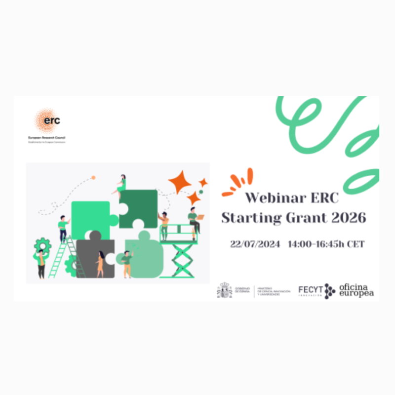 Aparece una imagen que promociona un webinario del ERC Starting Grant 2026. Se observan figuras ensamblando piezas de rompecabezas gigantes, representando trabajo colaborativo. El evento se anuncia para el 22 de julio de 2024, de 14:00 a 16:45h CET.